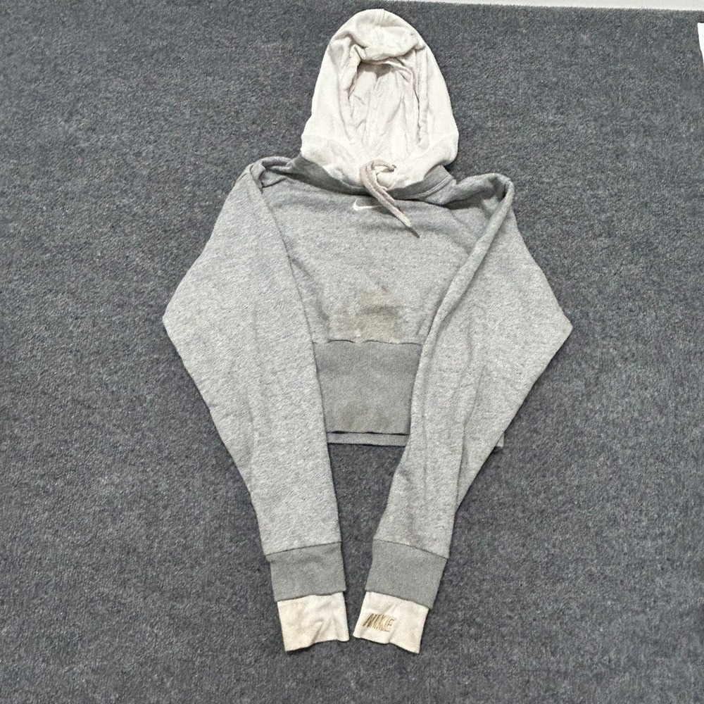 Nike Hoodie Womens Size M Grey Cropped Long Sleeve Swoosh Pullover Stained